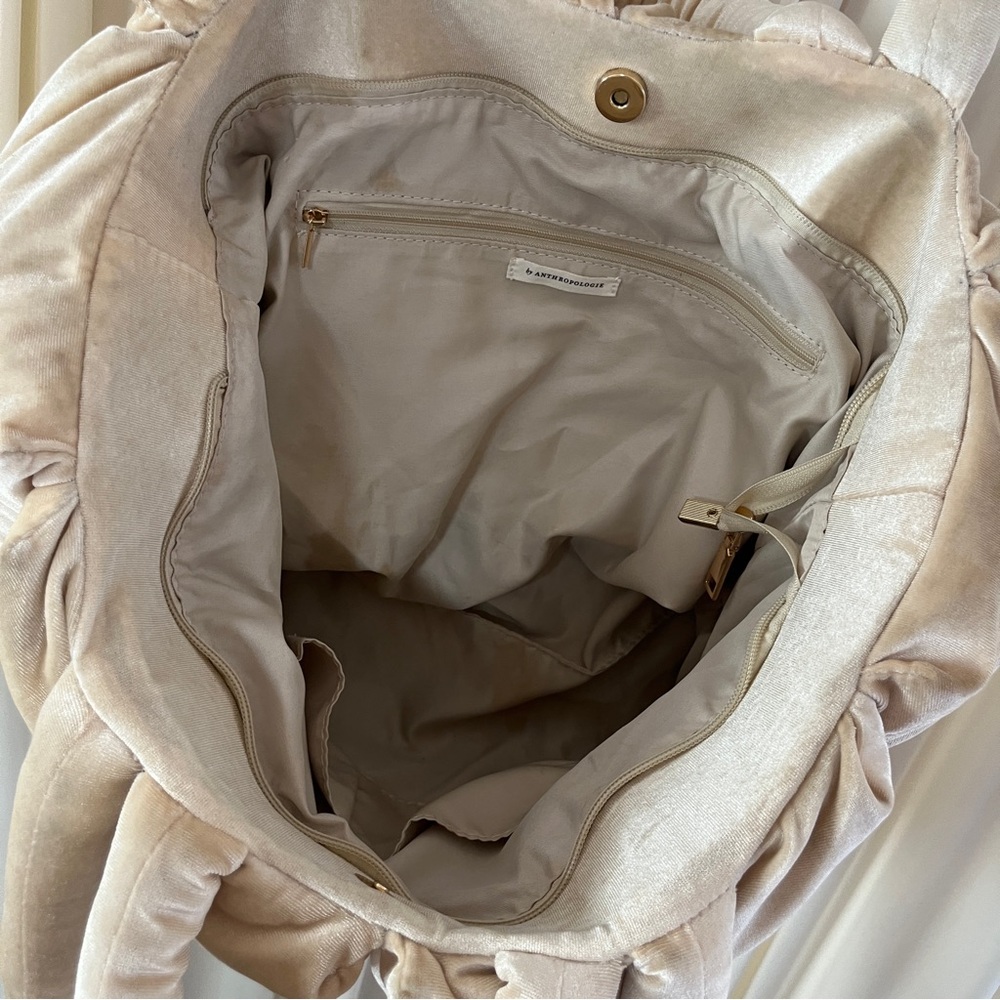 Anthropologie Velvet Puffer Tote Shoulder Bag Cream Tan Quilted Medium Size - Picture 7 of 8